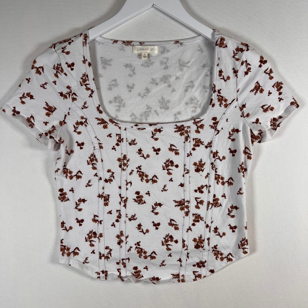 Ultra Flirt Crop Top Women Medium Cotton Floral Corset Seam Square Neck Boho